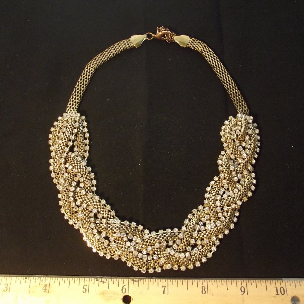 Vintage Gorgeous Antiqued Gold Tone Braided Rhinestone Choker